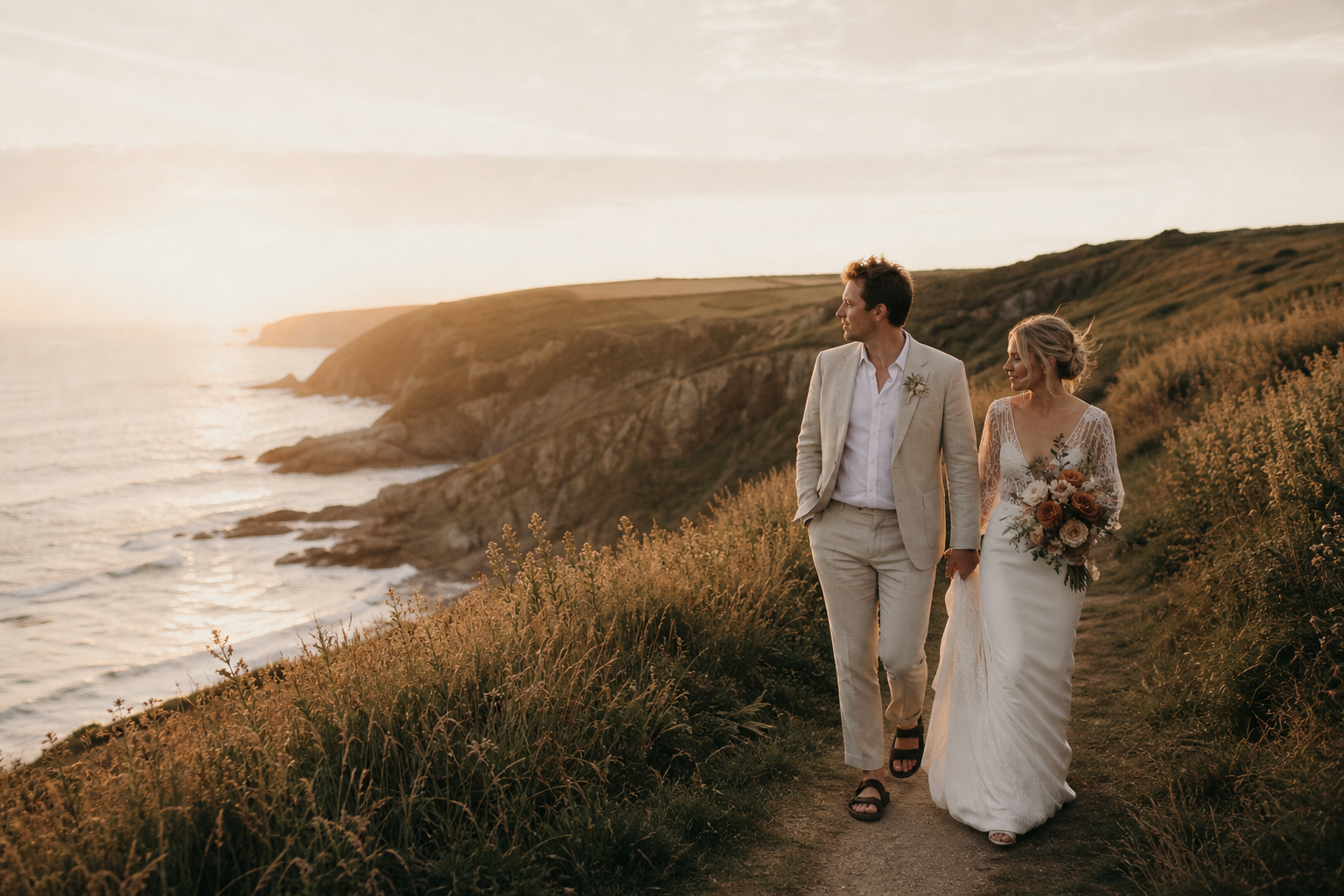 Wedding couple walking along a South West coastal path at golden hour