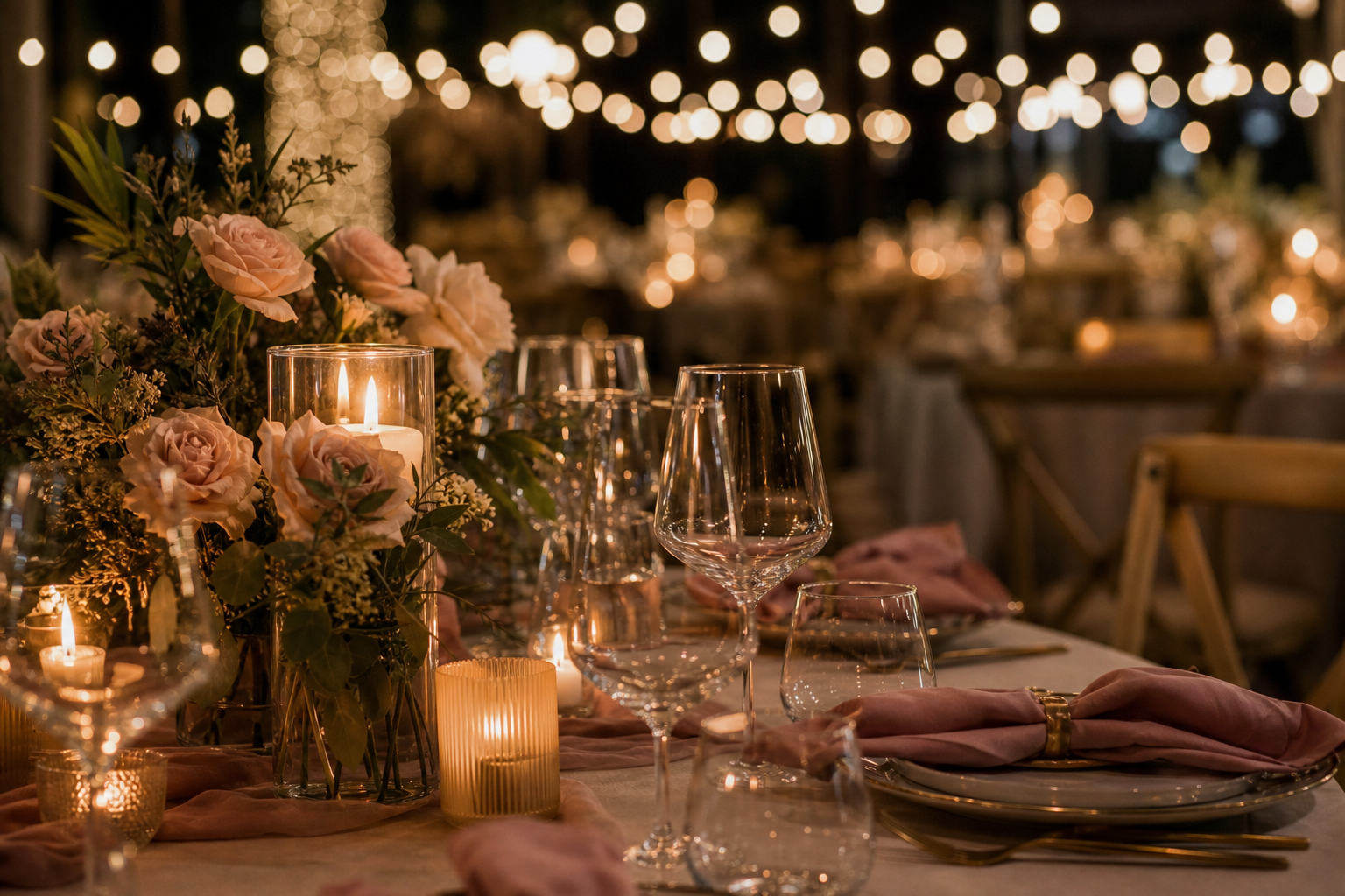 Editorial event table detail with glasses, flowers and warm lights