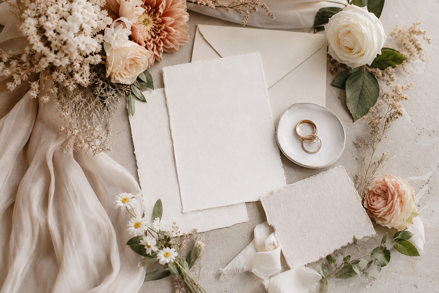 Wedding detail arrangement with flowers, fabric and neutral stationery