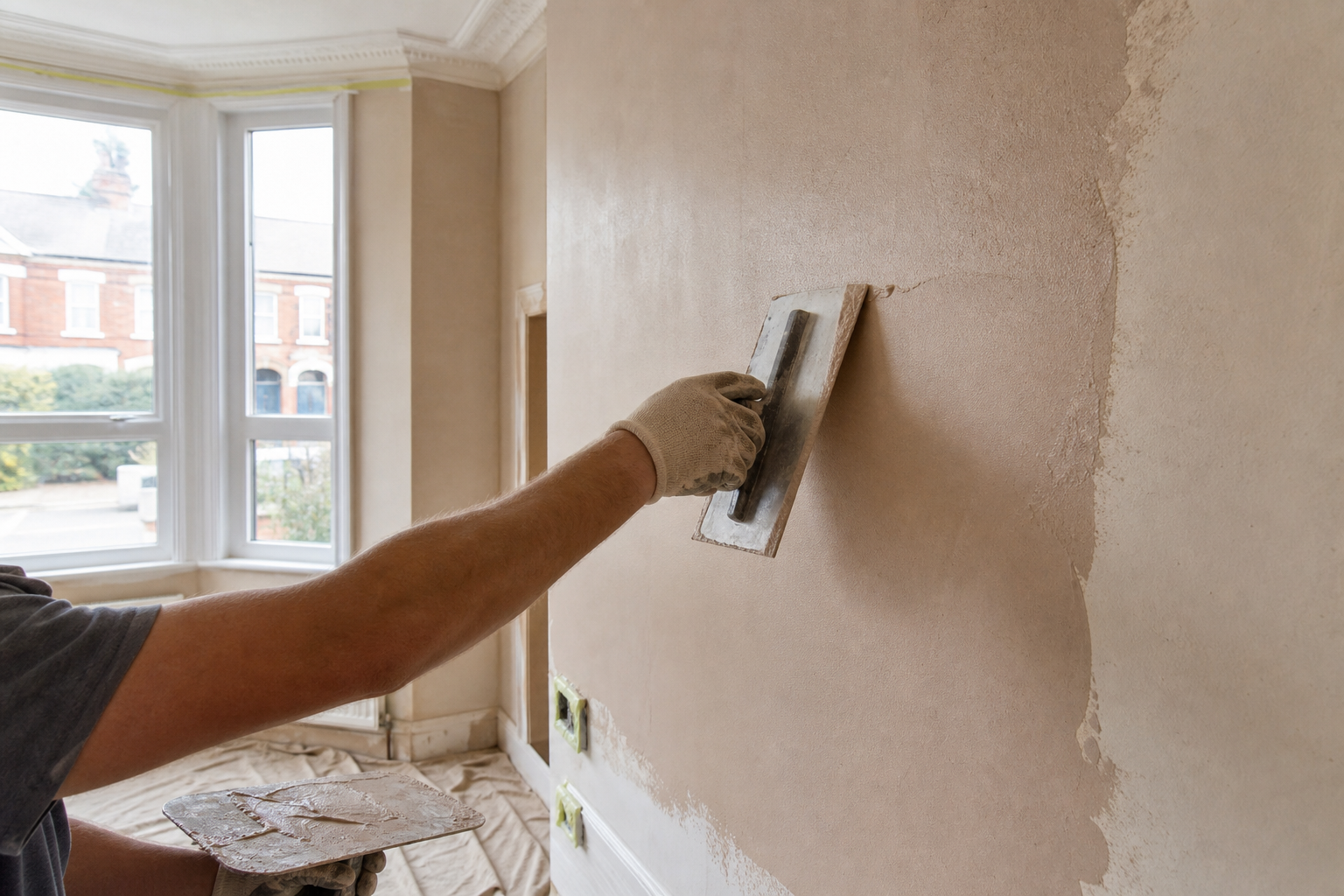 Trowel skimming work in progress in a protected room