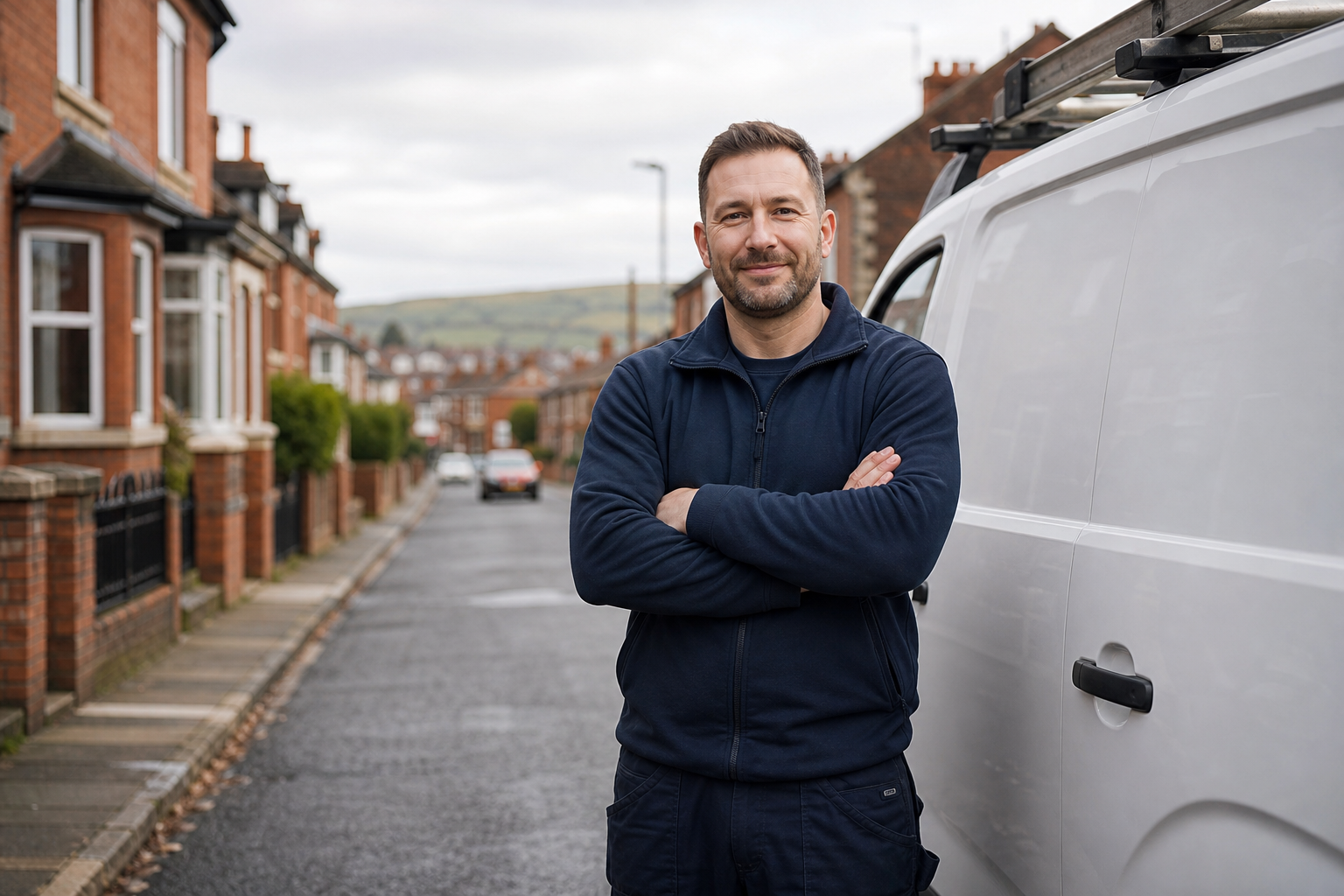 Heating engineer beside unbranded van outside North West homes