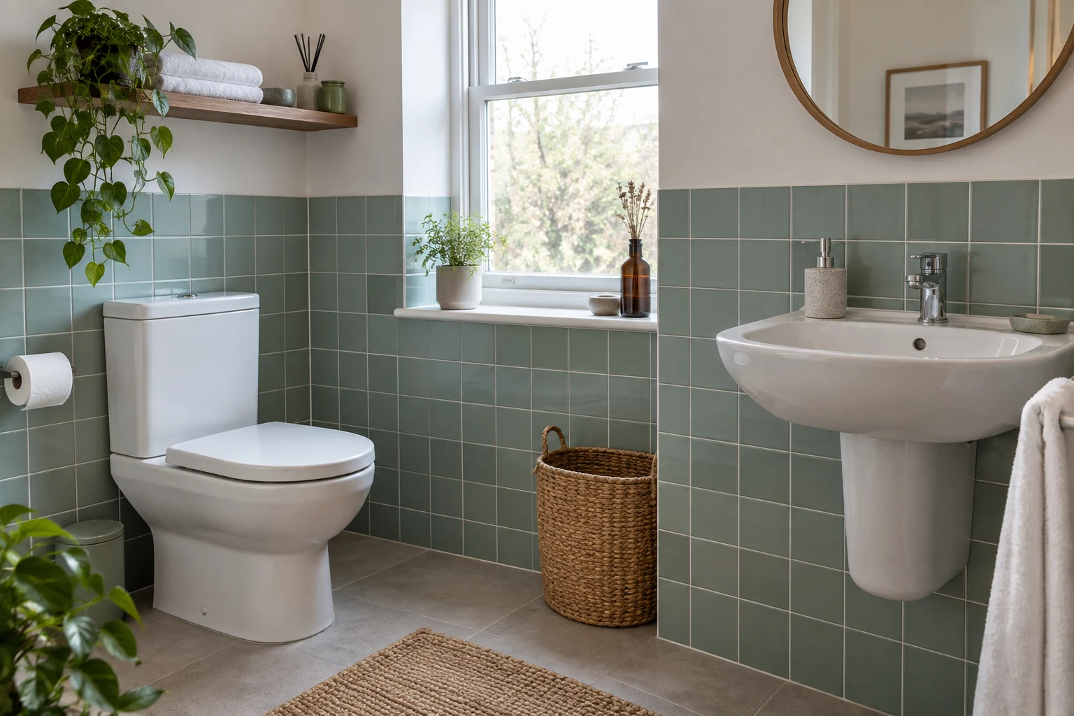 White basin and toilet with soft green tiles