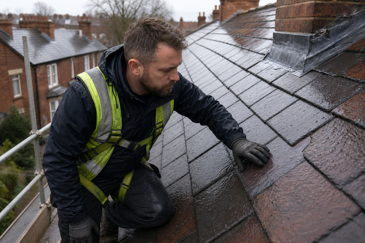 Roofer inspecting a wet slate roof on a North West home