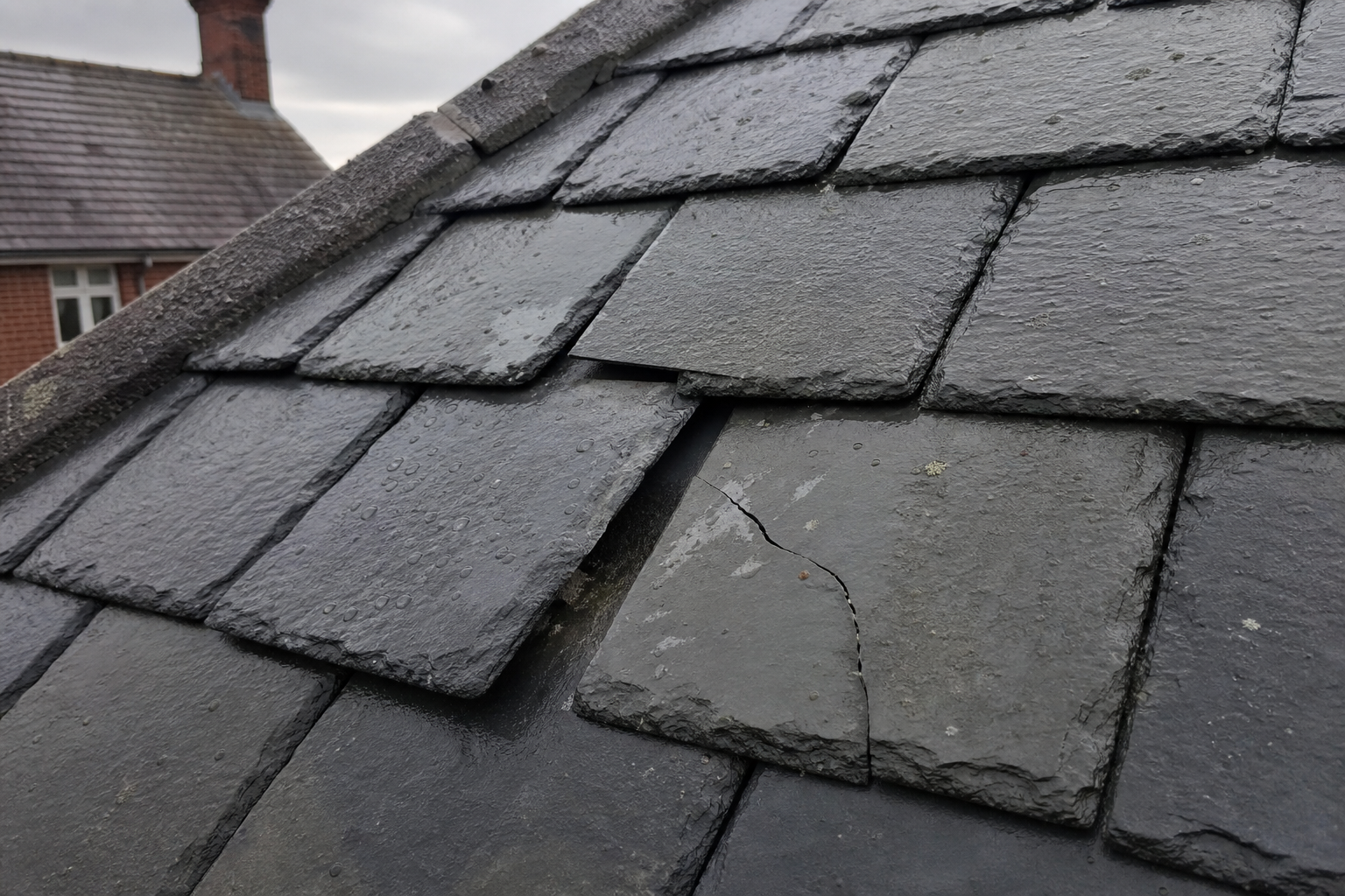 Slipped slate roof damage after heavy rain