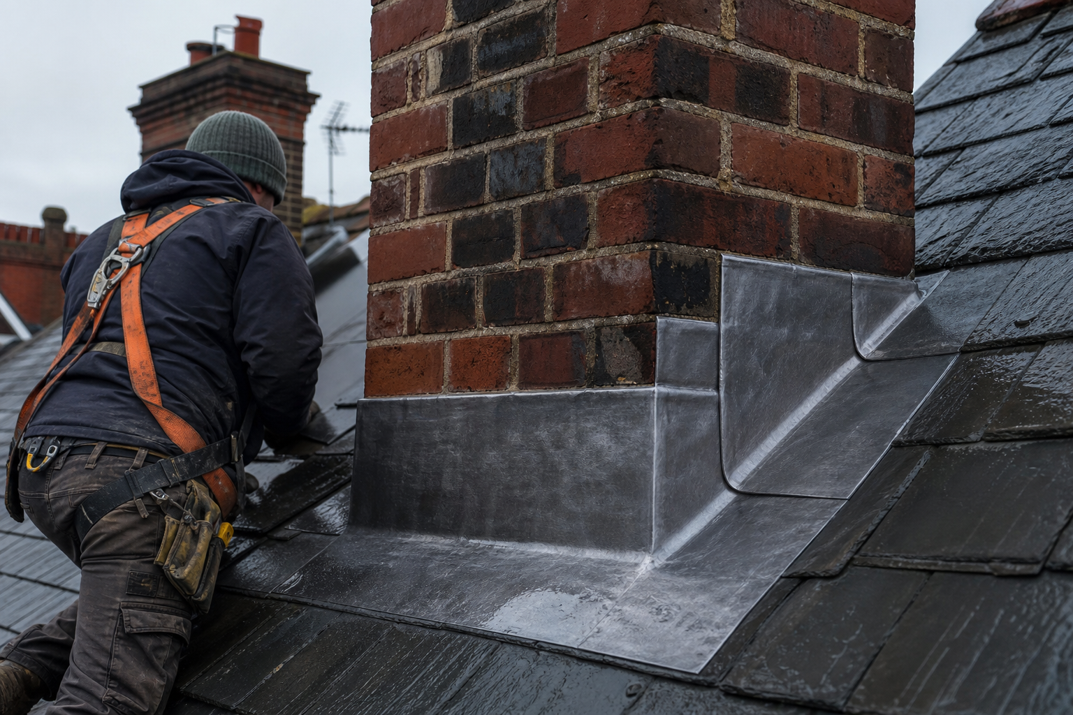 Chimney and leadwork on an older brick property