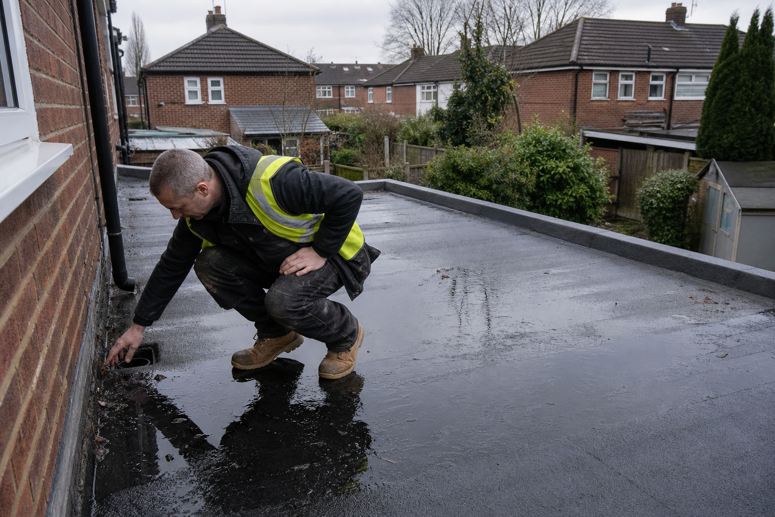 Flat roof outlet being checked for leaks