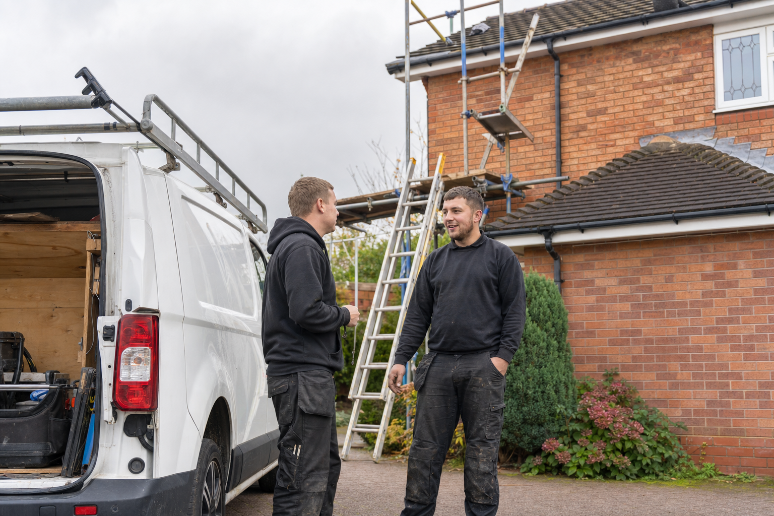 Roofers with an unbranded van outside a home