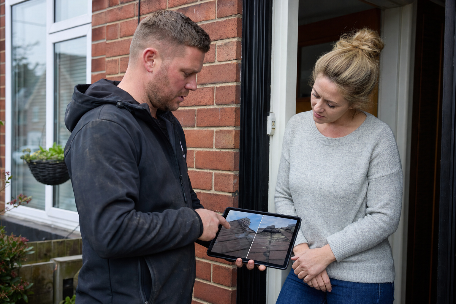 Roofer explaining a quote to a homeowner