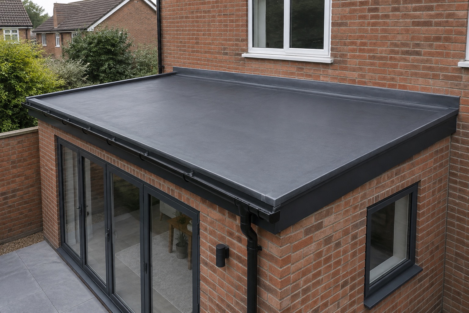 Illustrative flat roof over a brick extension