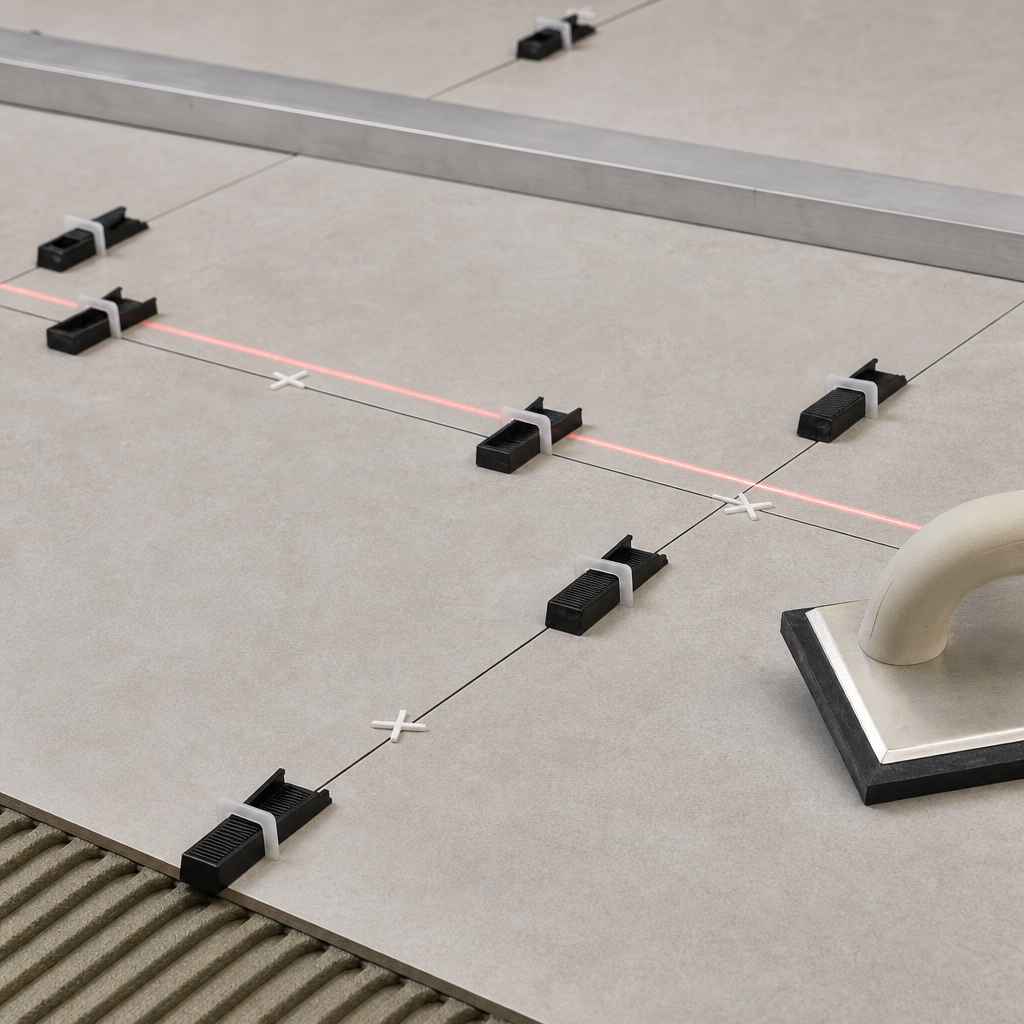 Large-format floor flow tile finish