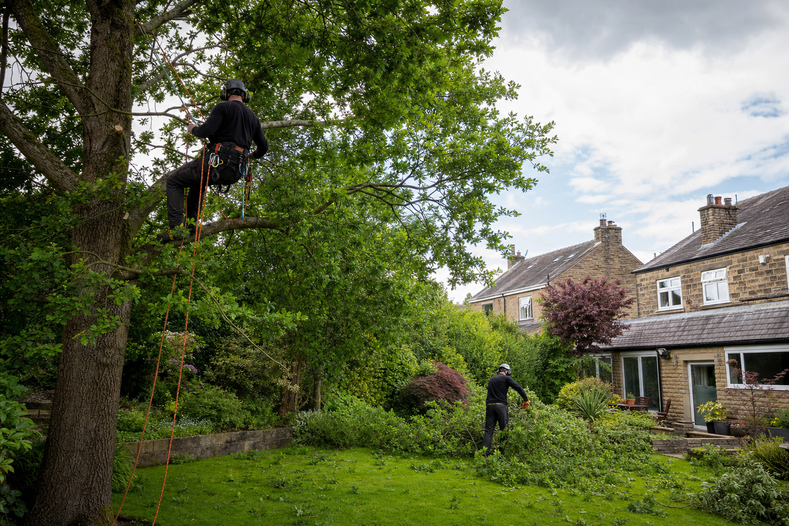 Tree surgeon pruning a mature garden tree to improve light and clearance
