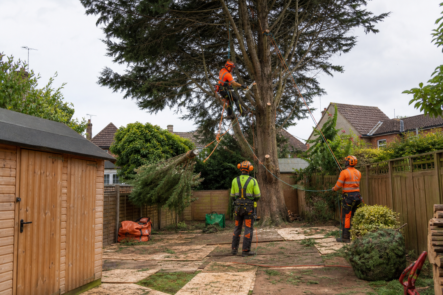 Tree surgeons carrying out a controlled garden dismantle with protective boards and ropes
