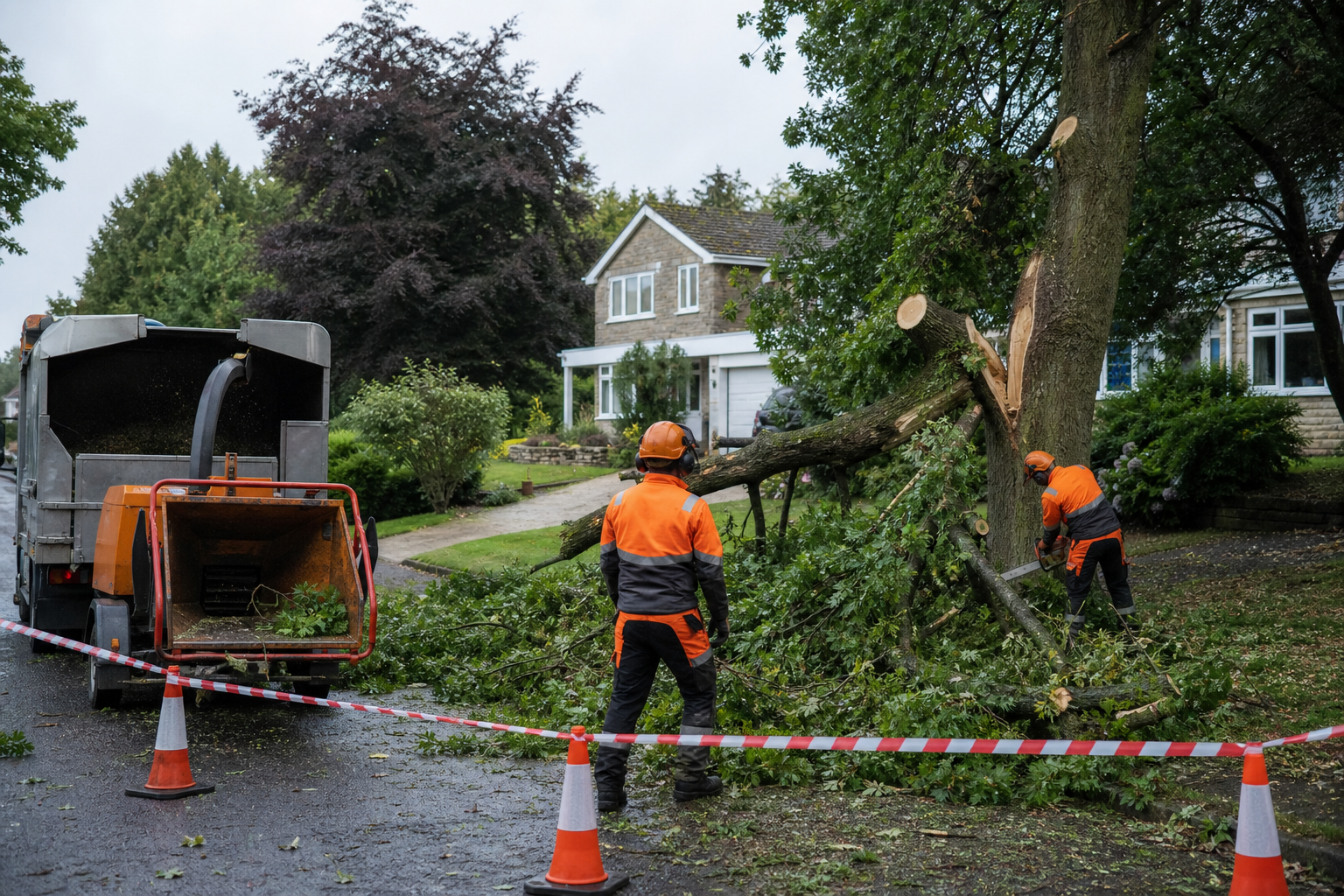 Arborists making a storm-damaged driveway tree safe with cones and tidy chipper support