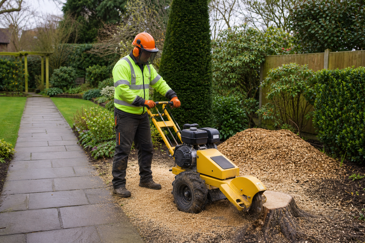 Compact stump grinder clearing a garden stump with swept paths and woodchip contained