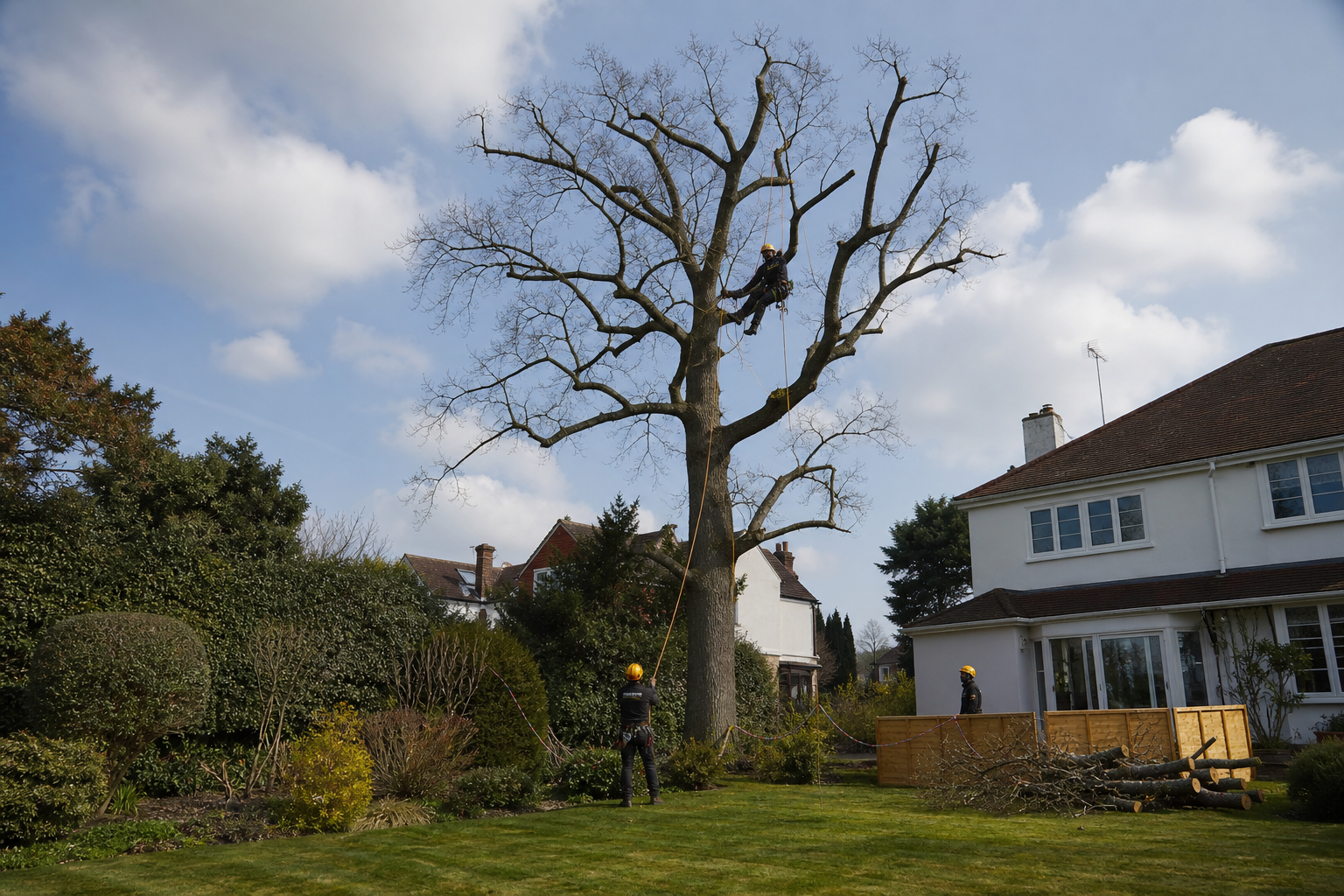 Representative safe tree surgery worksite near a garden property