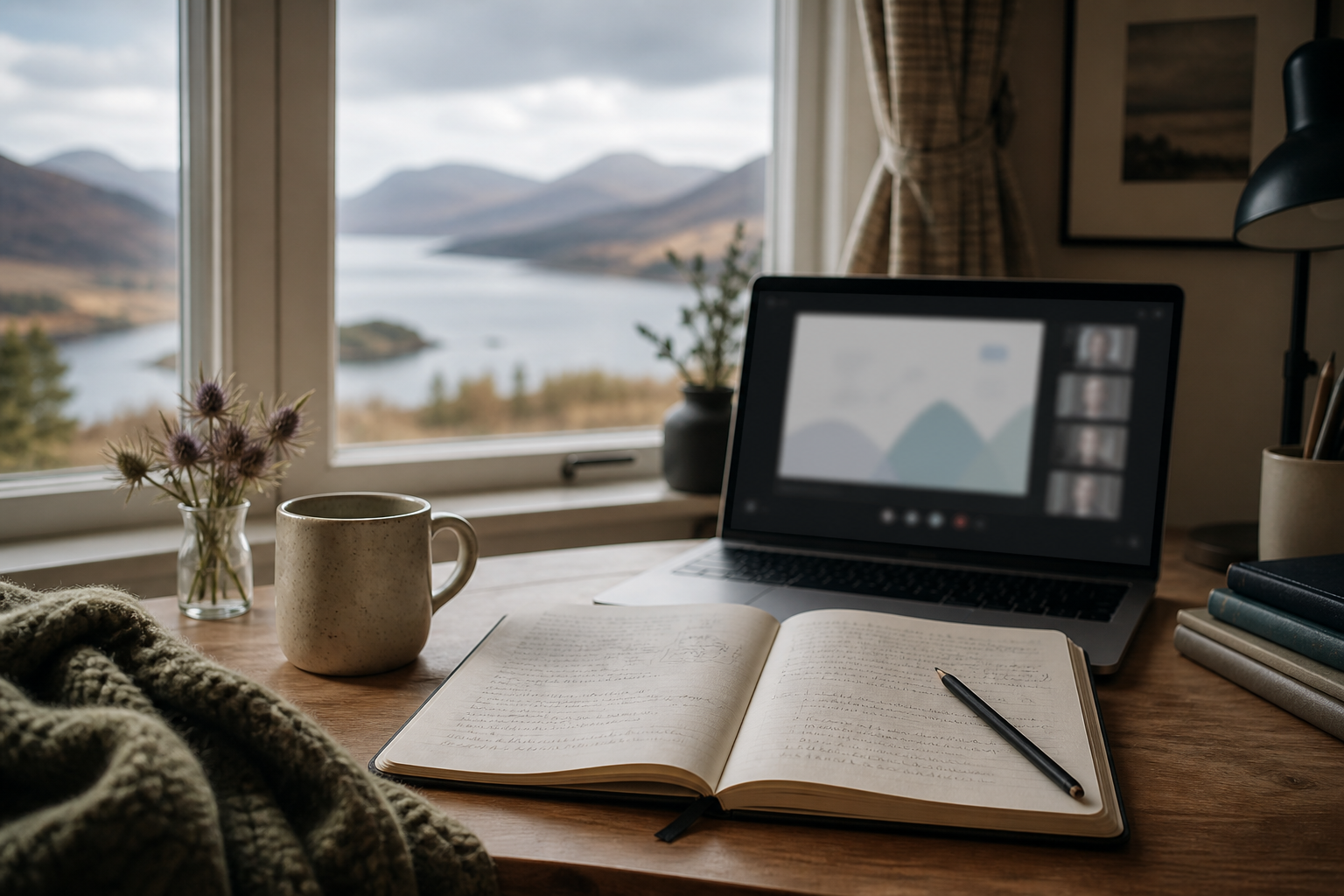 Calm study desk with laptop, notebook and Scottish landscape outside