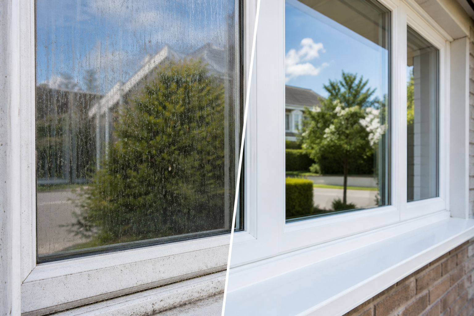 Before and after clean window panes and frames
