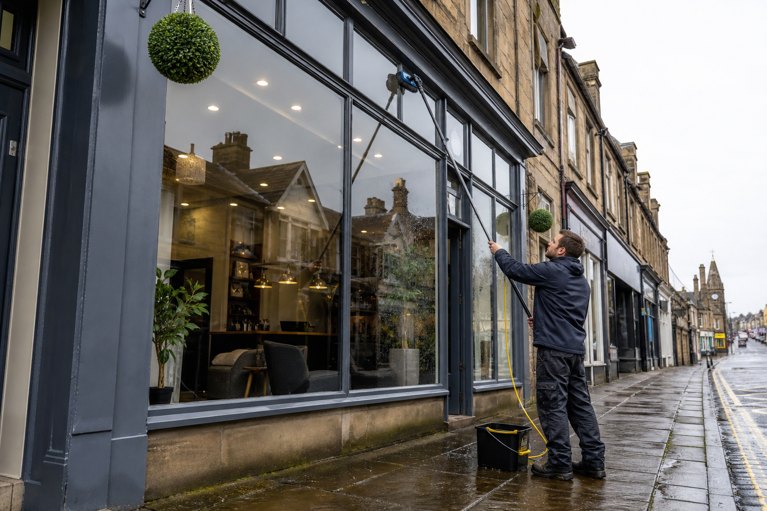 Clean high-street shopfront after a window cleaning visit