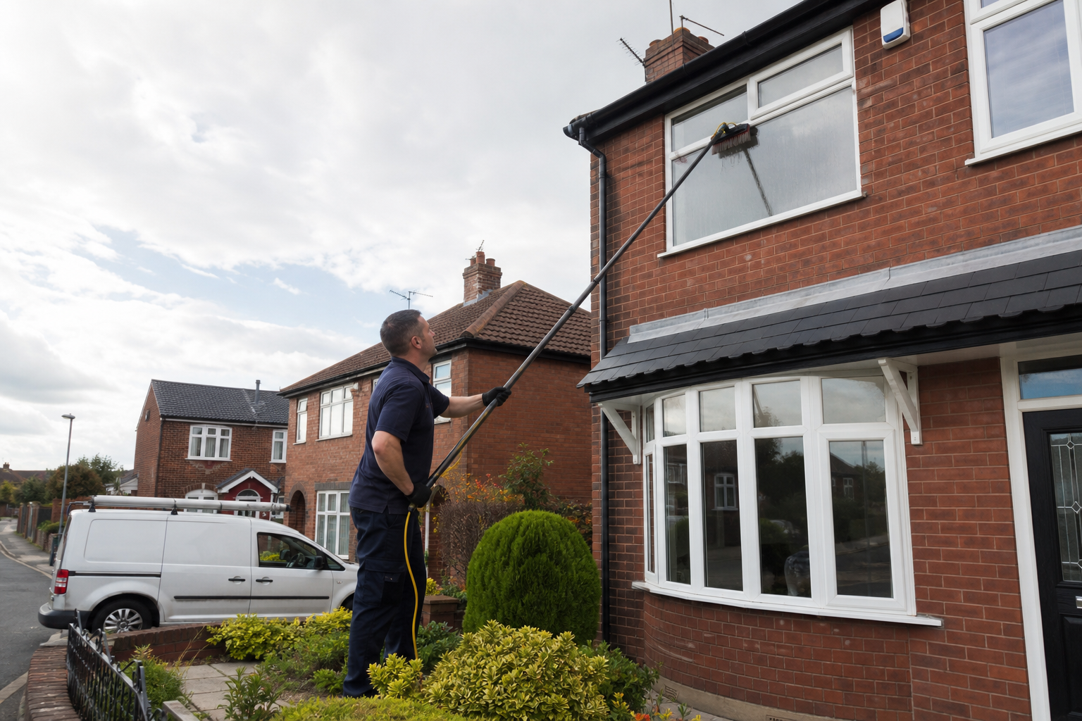 Window cleaner using a water-fed pole outside a local North West home