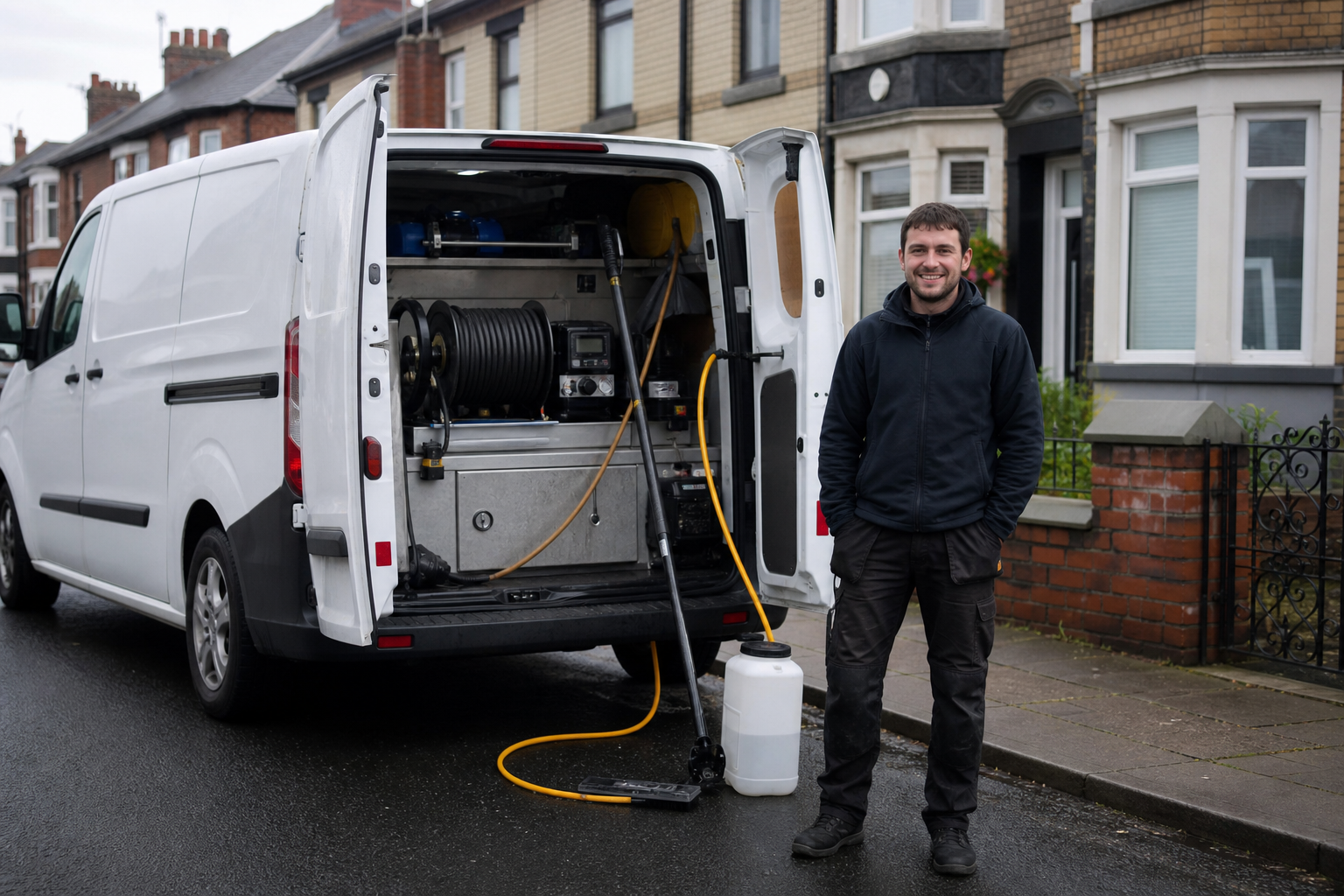 Unbranded window cleaning van and water-fed pole equipment