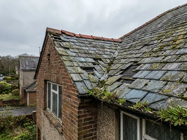 Before: an old slate roof with slipped and missing slates, moss, and weeds growing in the gutter.