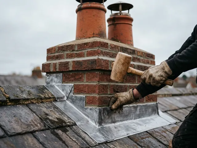 Gloved hands dressing new lead flashing round a repointed brick chimney with a wooden mallet.