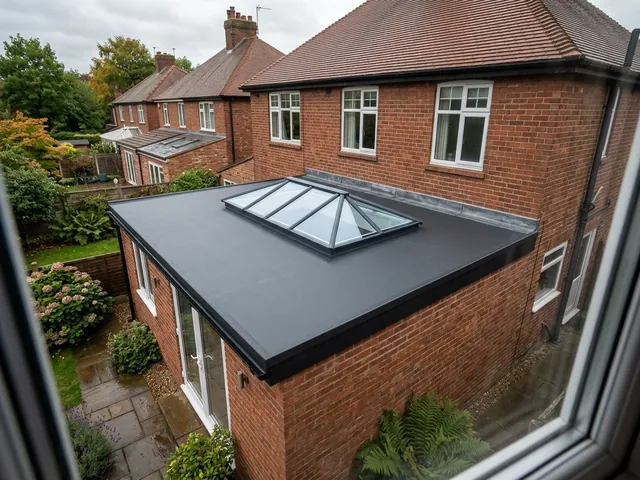 A new dark rubber flat roof with a glass lantern on a brick kitchen extension.