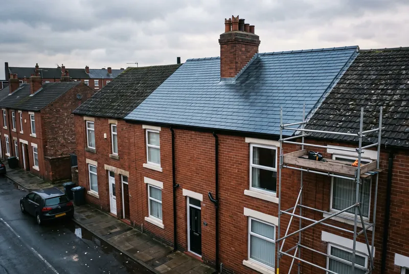 A terraced house with a new slate roof and fresh lead flashing round the chimney, next to an older mossy roof, with a scaffold tower in front.