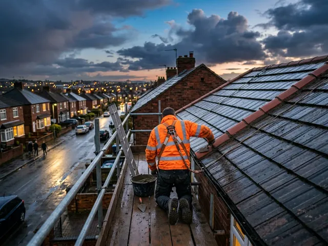 A roofer in a harness on a scaffold platform bedding new ridge tiles at dusk after a storm.
